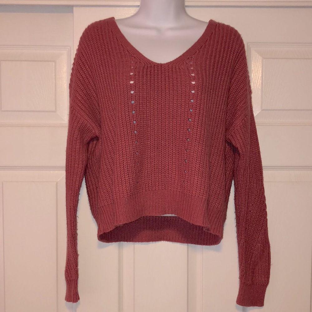 “Aeropostale” rose color, shaker knit v-neck sweater w/criss-cross back-jr sz M